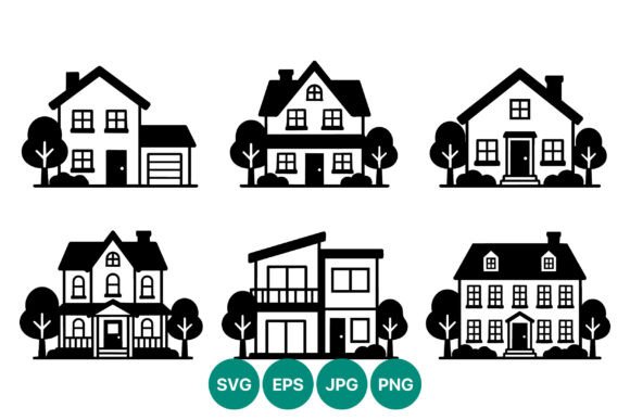Black White Line Art Six House Styles for Crafting and Graphics