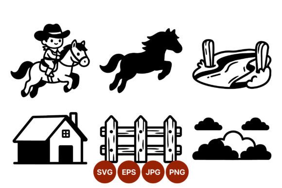 Cowboy Riding Horse Vector Black White Graphics for Crafts
