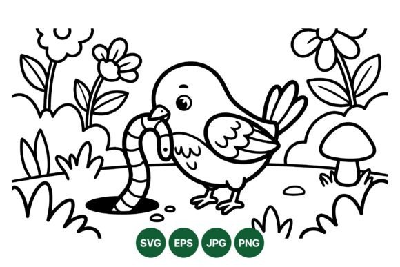 Cute Bird and Worm Coloring Art for Branding and Packaging