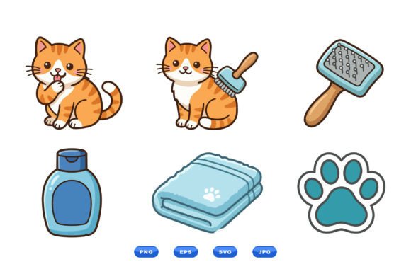 Cute Cat Grooming Clipart Set for Branding and Marketing