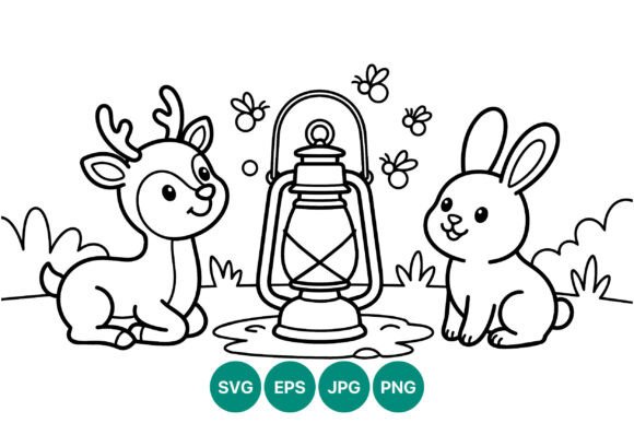Cute Deer and Rabbit Black White Line Graphics & Illustrations