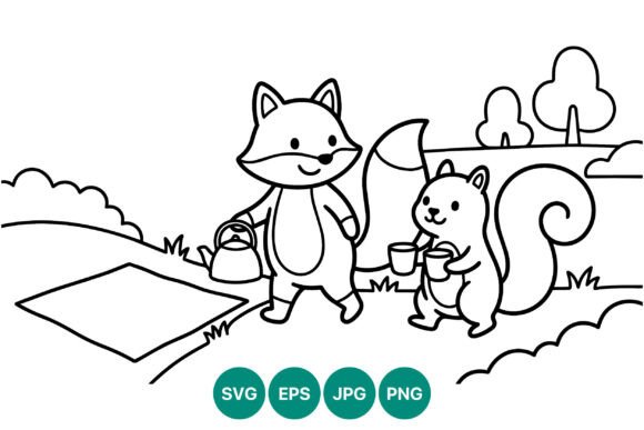 Cute Fox and Squirrel Picnic Line Art for Creative Projects
