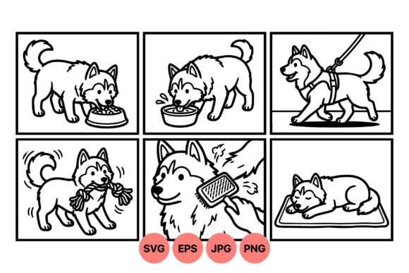 Cute Husky Life Clipart Scenes for Graphics and Illustrations