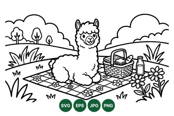 Cute Llama Picnic Coloring Page - A Versatile Illustration for Branding