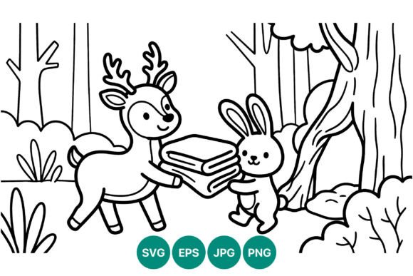 Deer and Rabbit Holding Books Black and White Line Art Graphics