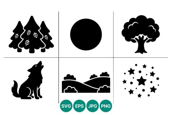 Forest Tree Wolf Star Icons Black - A Versatile Graphic Design Asset