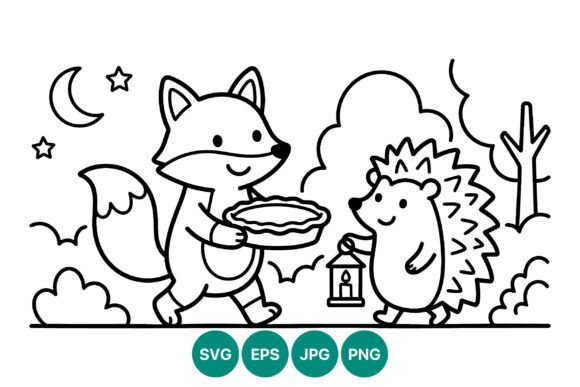 Fox and Hedgehog Night Walk Line Art Graphics for Crafts
