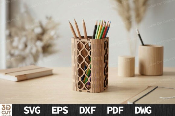 Geometric Wood Pen Holder Laser Cut SVG for Branding