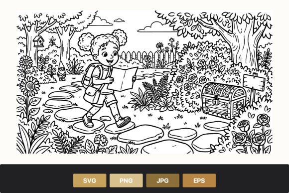 Girl with Map in Garden Vector Art for Branding and Marketing