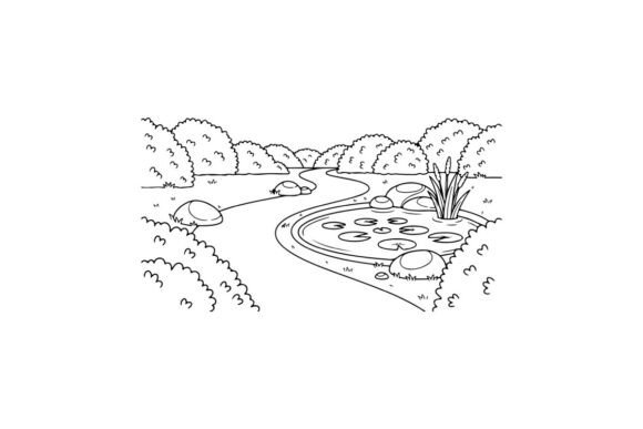 Peaceful Pond and Bushes Graphics for Coloring Pages