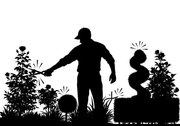 Silhouette Man Pruning Plants Garden Graphics