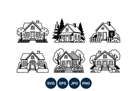 Six Black and White House Line Art for Clean Web Graphics