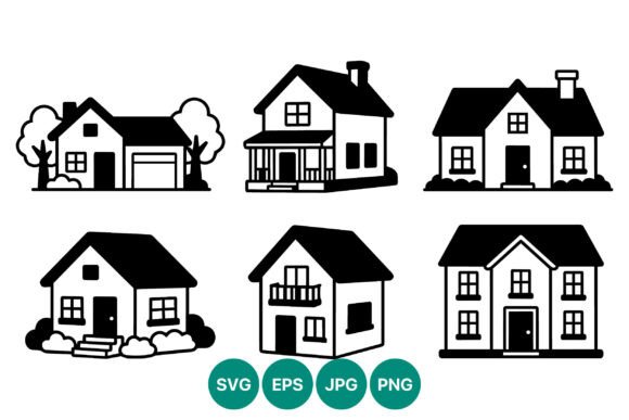 Six House Black White Vector Icons: Essential Graphics for Illustrations