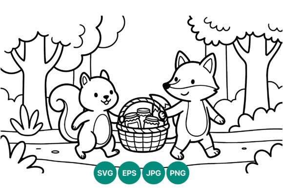 Squirrel and Fox Carrying Basket Line Illustrations